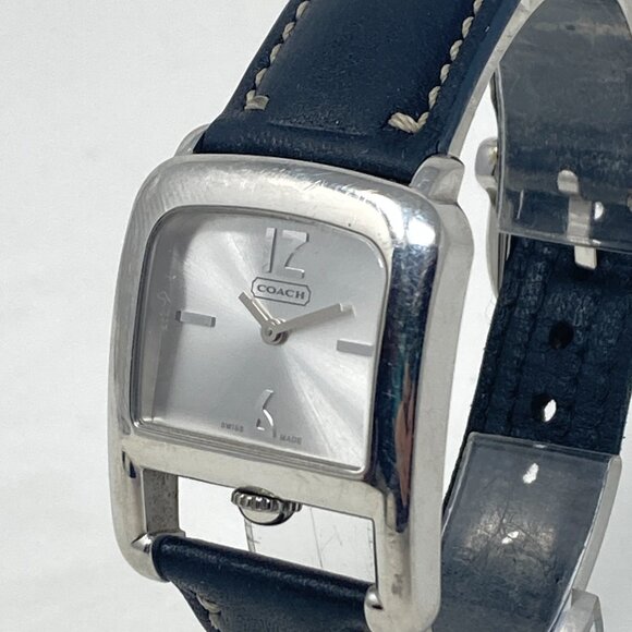 Coach Watch Women 29mm Silver Tone Swiss Made Black Leather New Battery 8.25" - Picture 4 of 15